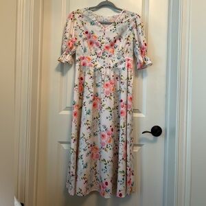 Women's BURRYCO Satin Midi Dress in Ivory Multi Floral with Pearl Embellishment